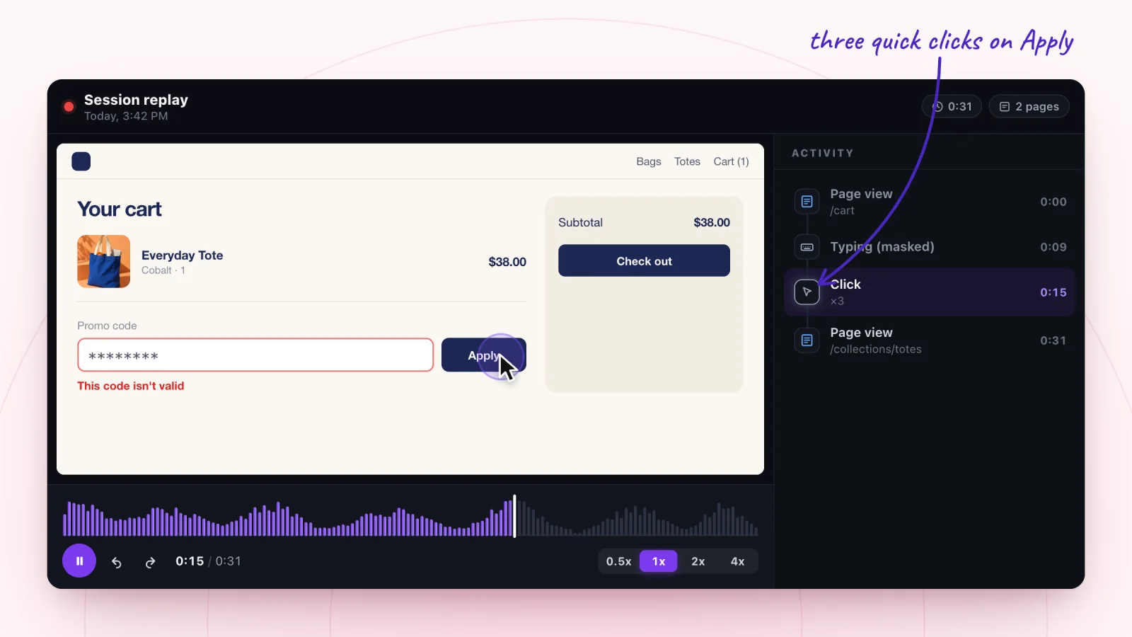 A session replay of a code that didn't work, with its Activity list