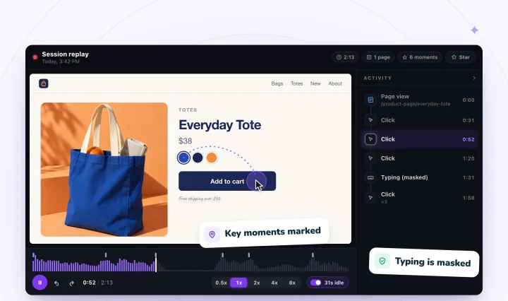 A replay of a store visit on a product page, with the click on Add to cart highlighted in the Activity list