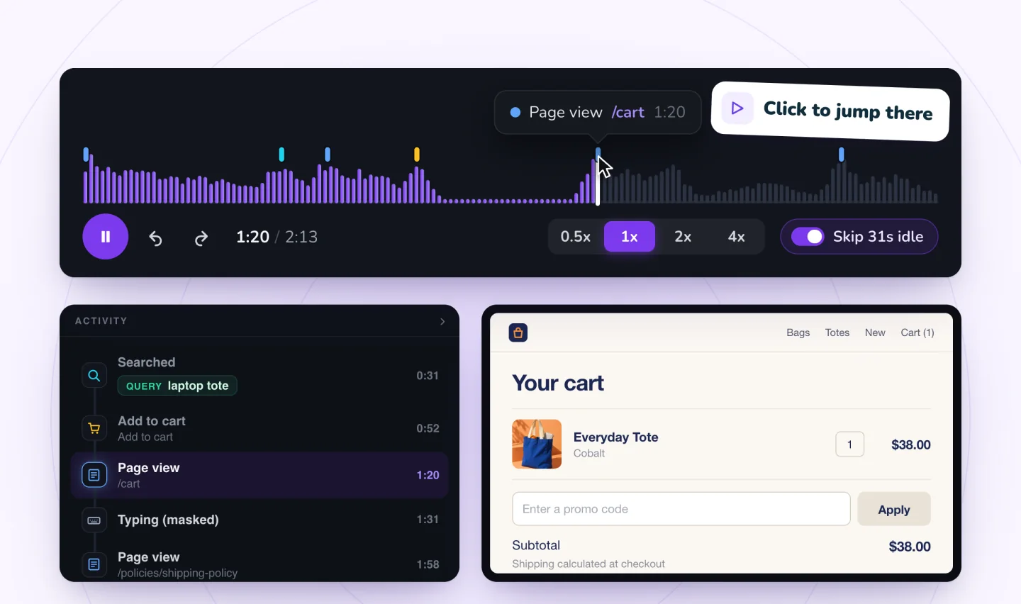 A replay timeline with key moments marked and a jump to the cart page