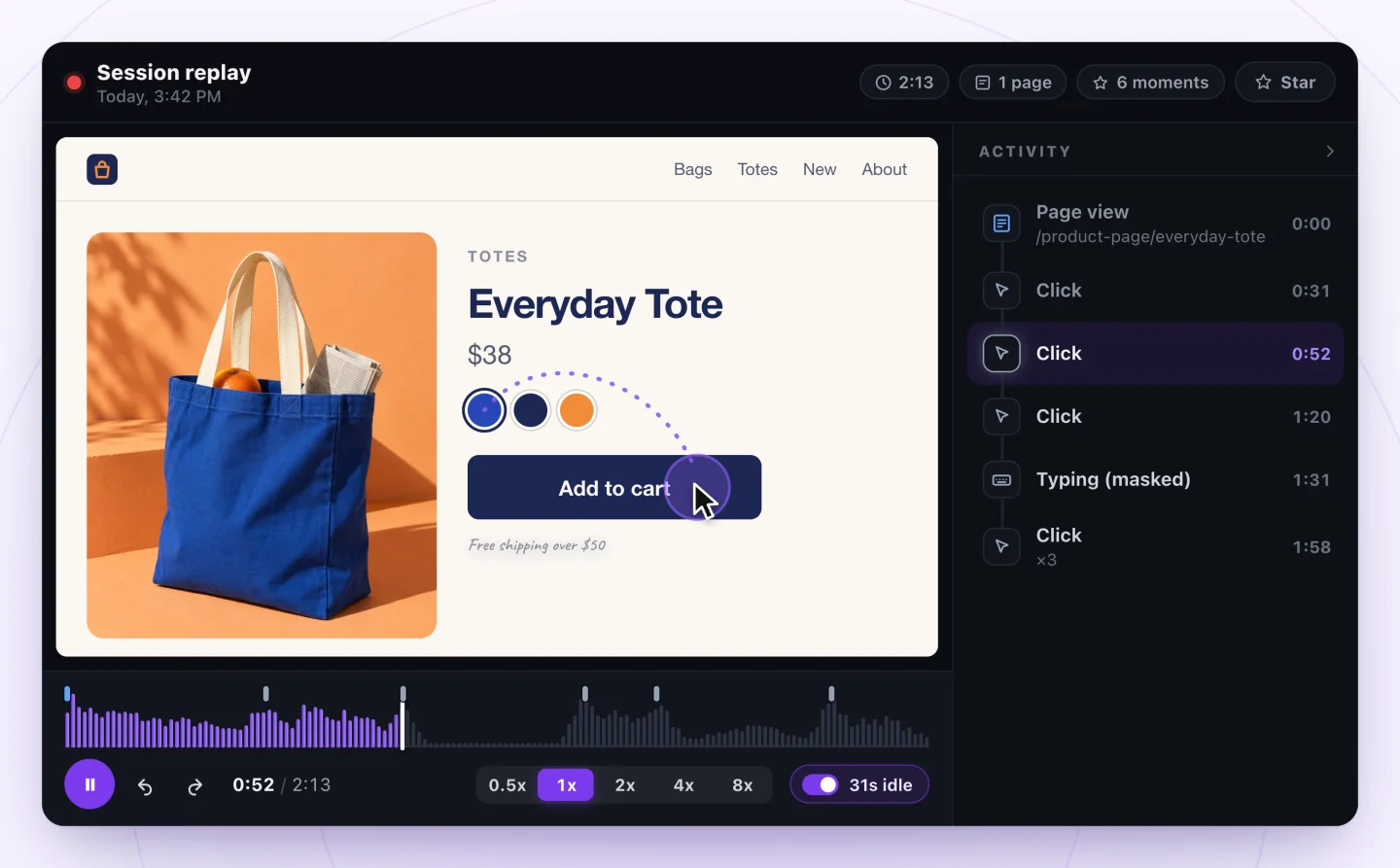 A replay of a visit to the Everyday Tote product page, with each click and a masked typing row listed beside it in order